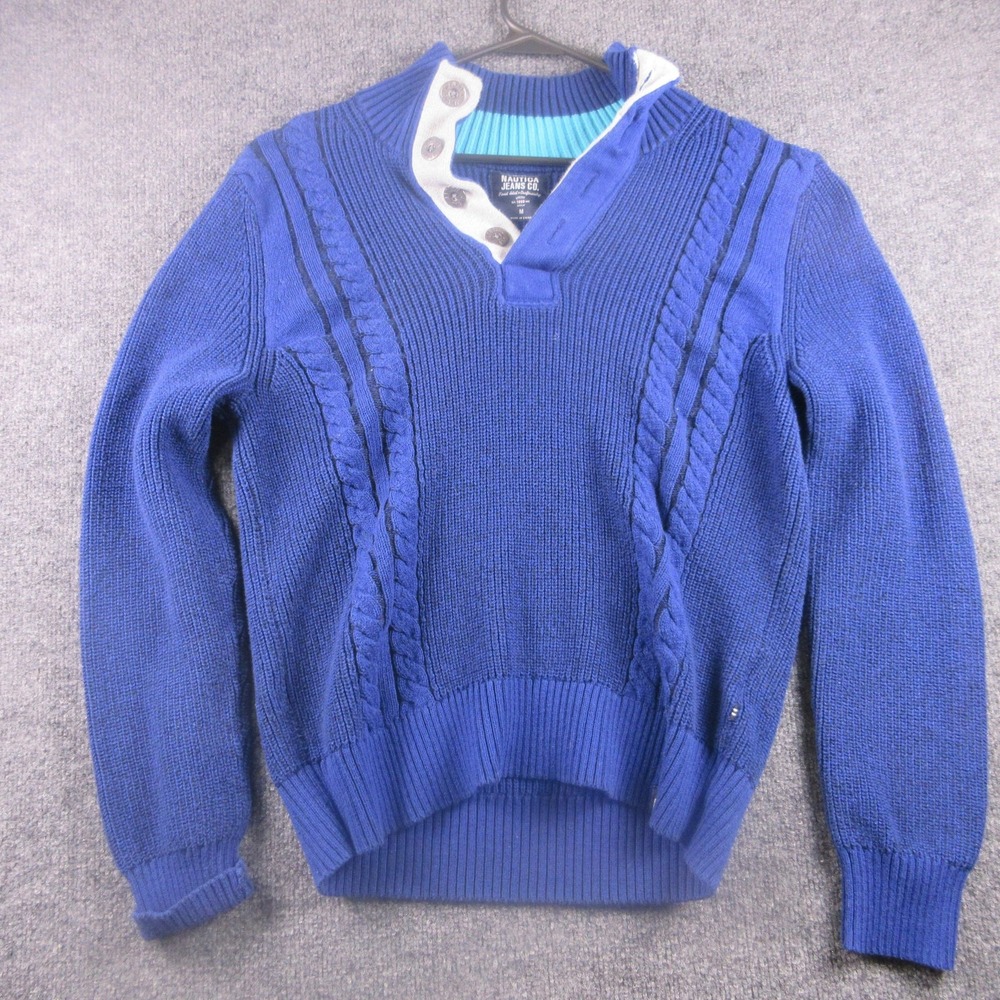 Nautica Jeans Co Sweater‎ Mens Medium Blue Cable Knit Mock Neck Henley Pullover